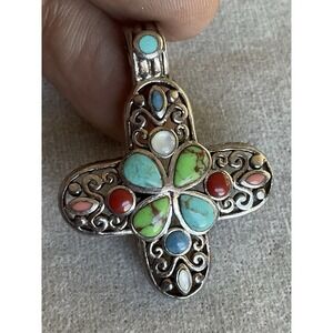 CFJ 925 Sterling Silver Multi Gemstone Cross Pendant Vintage Estate Jewelry